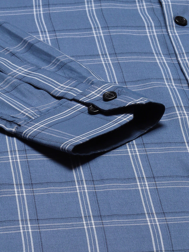 Men Blue  White Pure Cotton Smart Slim Fit Tartan Checks Formal Shirt