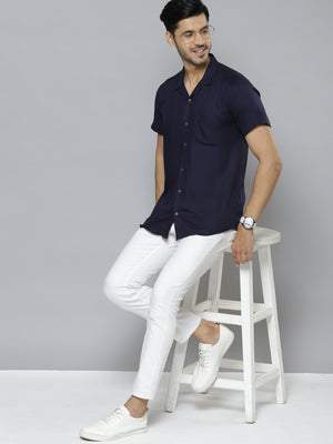 Men Navy Blue Smart Slim Fit Casual Shirt