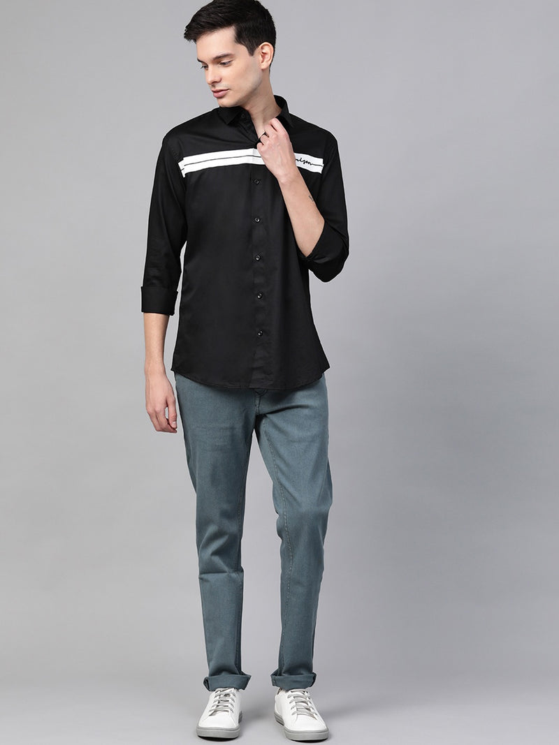 Men Black  White Slim Fit Solid Twill Casual Shirt