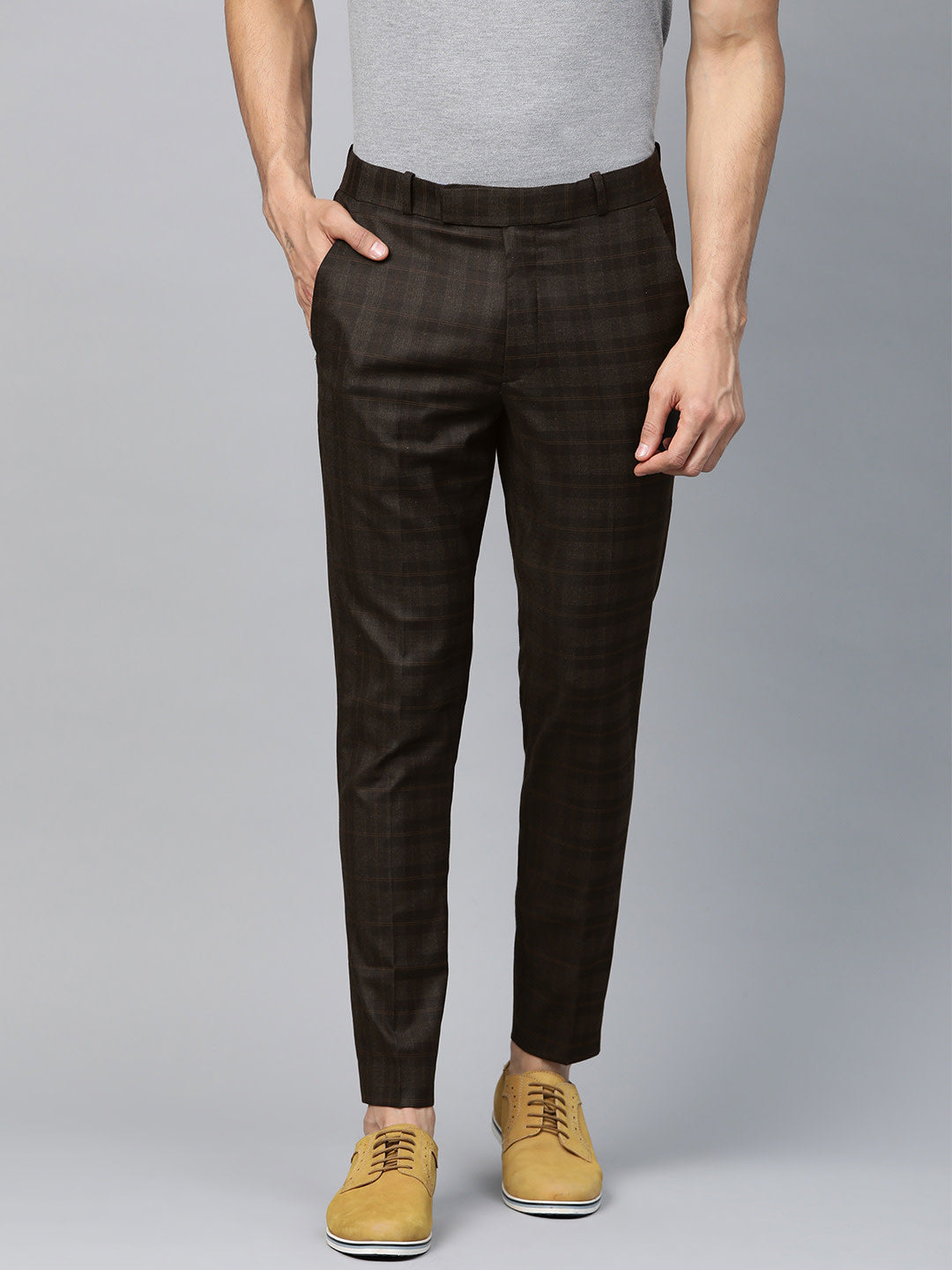 Men Coffee Brown Smart Tapered Fit Checked Regular Trousers