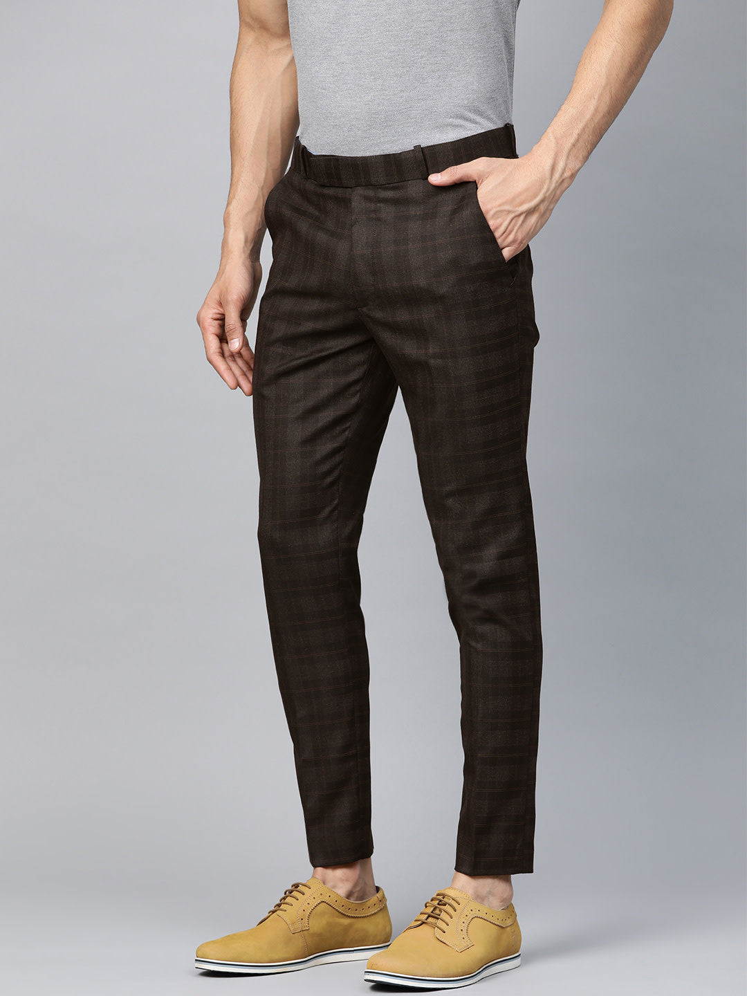Men Coffee Brown Smart Tapered Fit Checked Regular Trousers