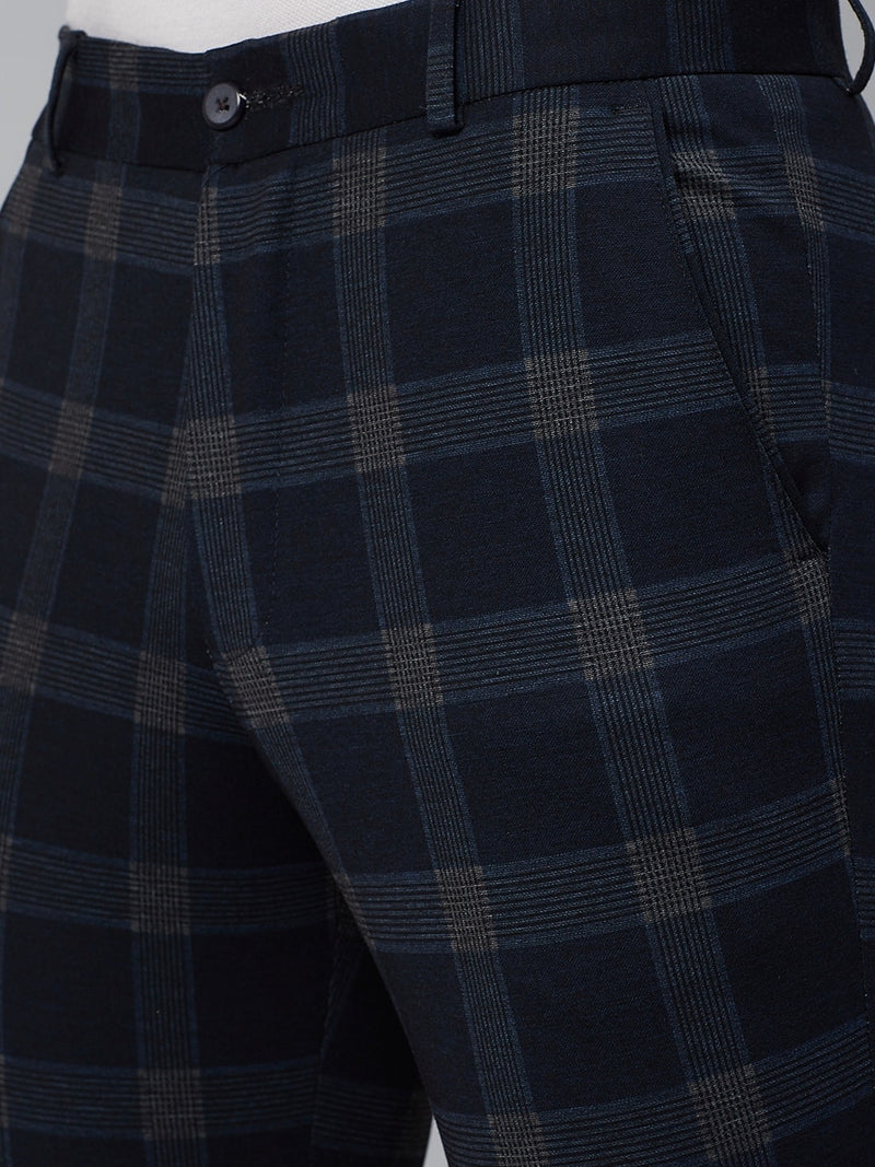 Men Navy Blue  Grey Smart Tapered Fit Checked Regular Trousers