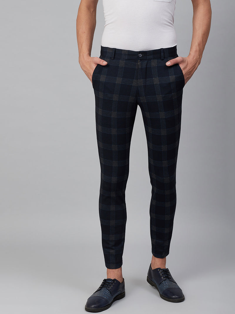 Men Navy Blue  Grey Smart Tapered Fit Checked Regular Trousers