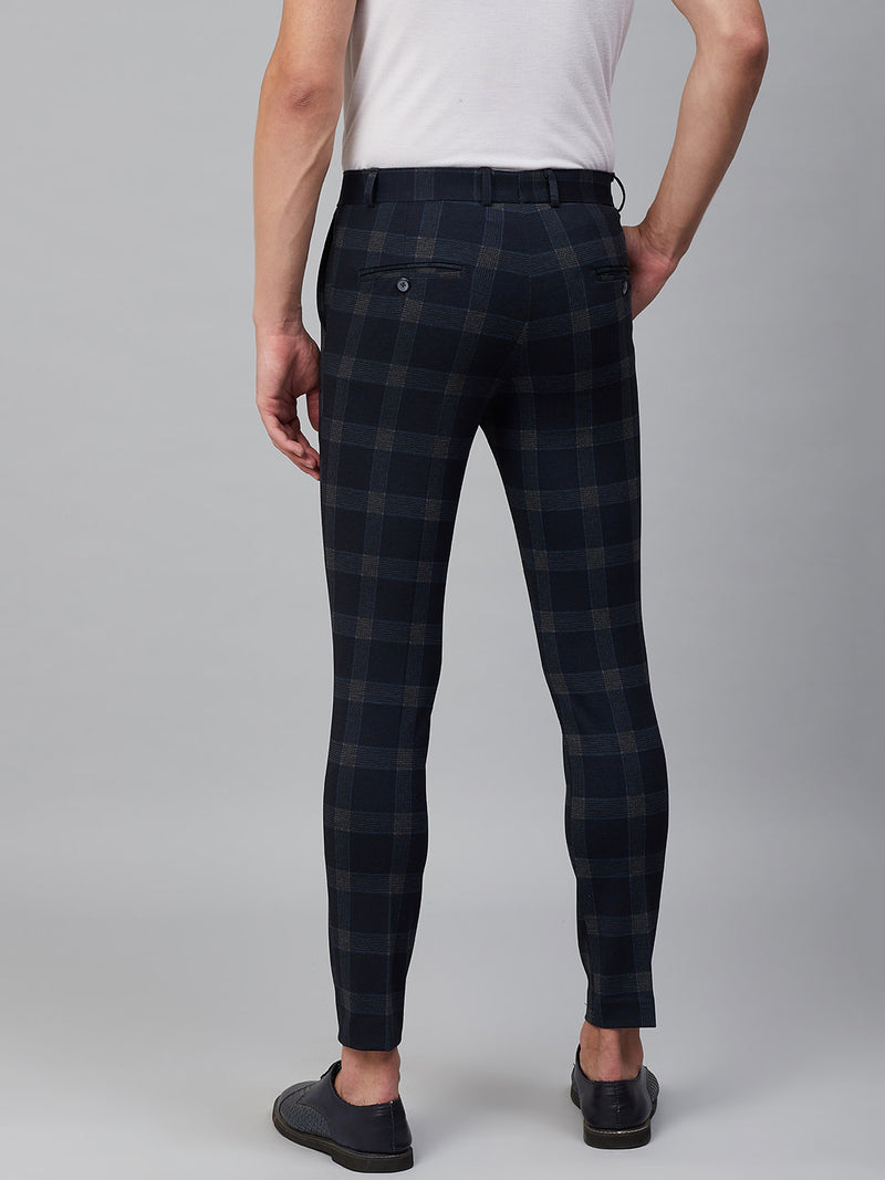 Men Navy Blue  Grey Smart Tapered Fit Checked Regular Trousers