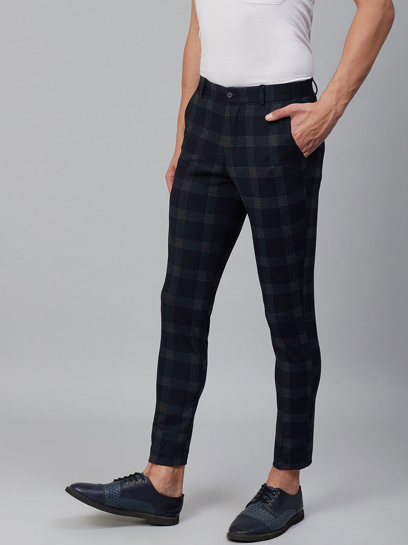 Men Navy Blue  Grey Smart Tapered Fit Checked Regular Trousers