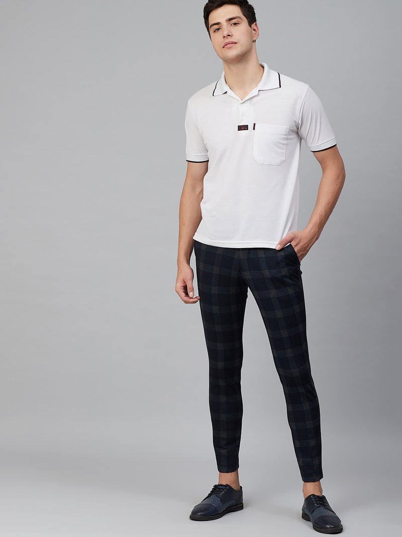 Men Navy Blue  Grey Smart Tapered Fit Checked Regular Trousers