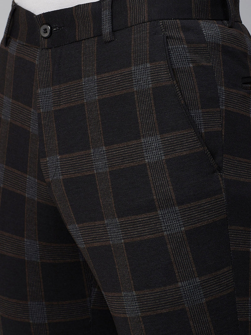 Men Black  Brown Smart Tapered Fit Checked Regular Trousers