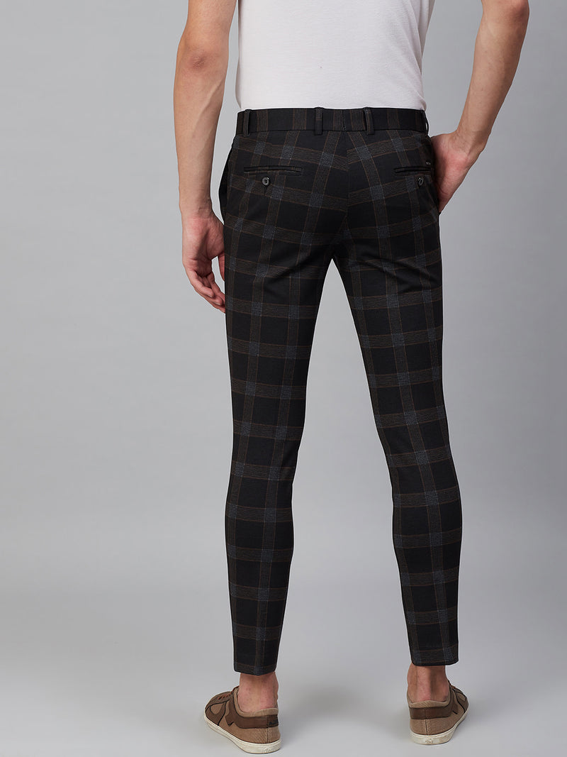 Men Black  Brown Smart Tapered Fit Checked Regular Trousers