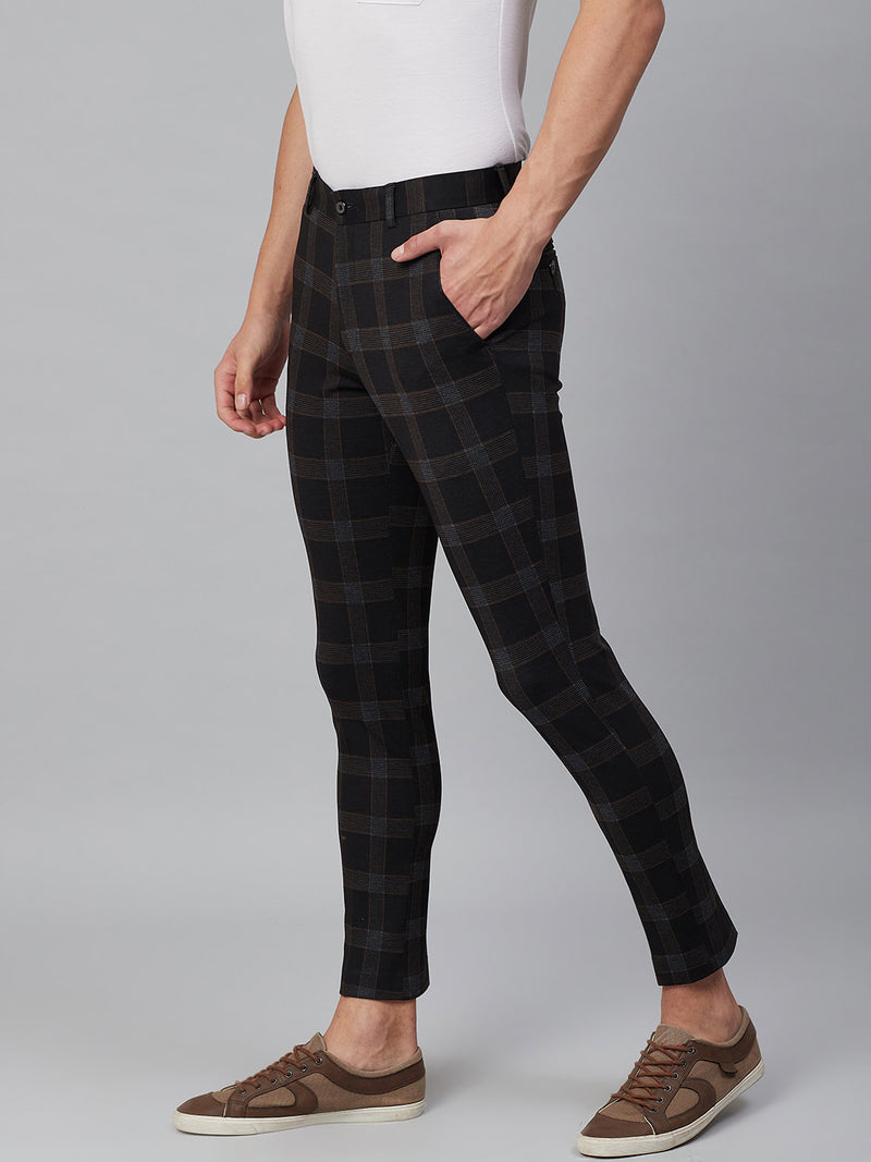 Men Black  Brown Smart Tapered Fit Checked Regular Trousers