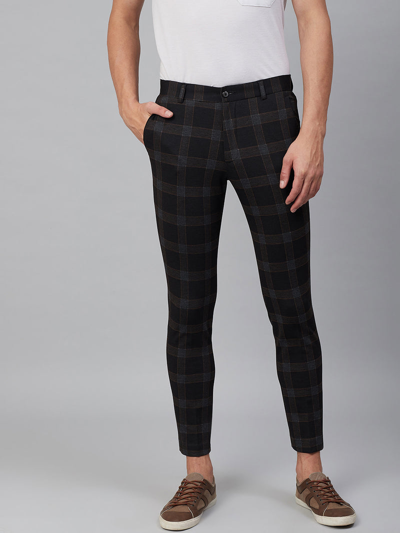 Men Black  Brown Smart Tapered Fit Checked Regular Trousers