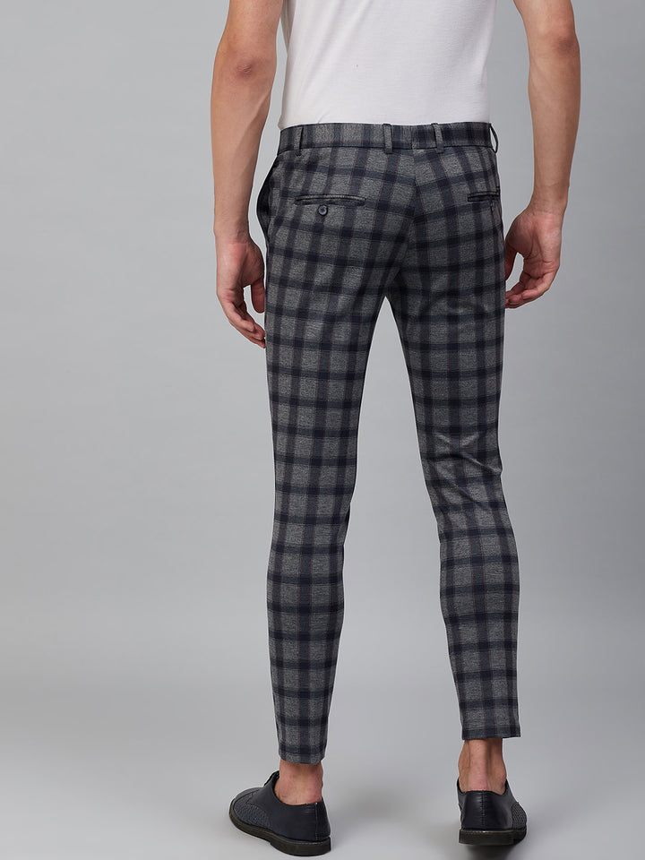 Men Charcoal Grey  Navy Blue Smart Tapered Fit Checked Regular Trousers