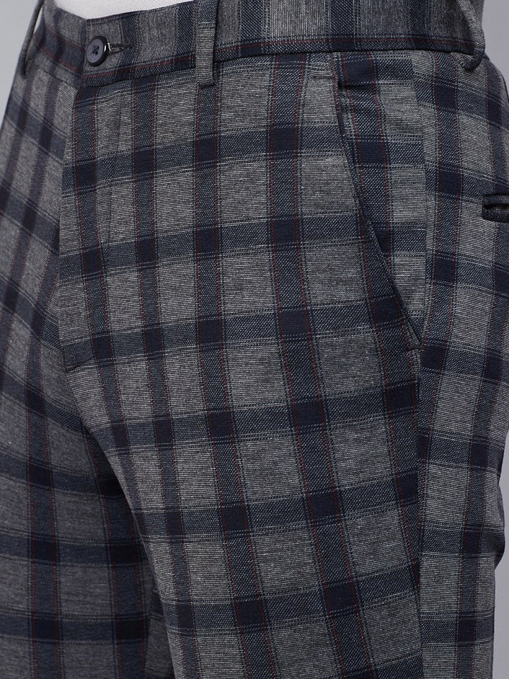 Men Charcoal Grey Navy Blue Smart Tapered Fit Checked Regular Trousers ...