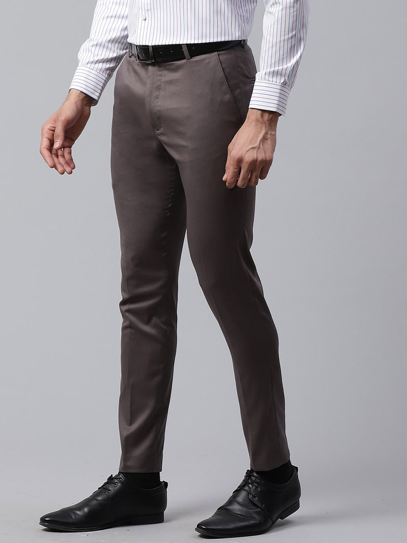 Men Taupe Smart Tapered Fit Solid Formal Trousers