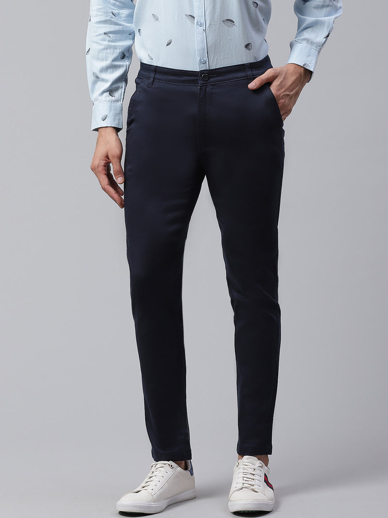Men Navy Blue Smart Skinny Fit Solid Chinos