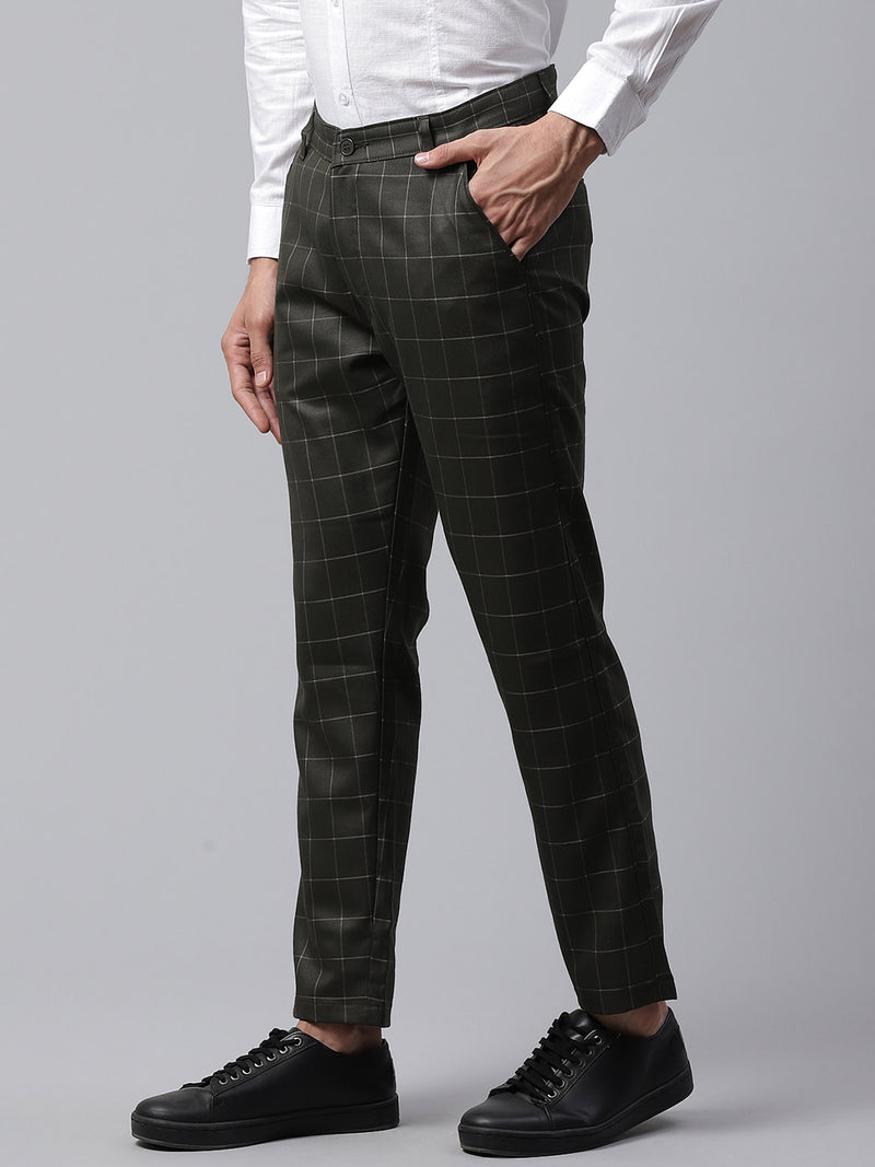 Men Olive Green  Beige Smart Skinny Fit Checked Chinos