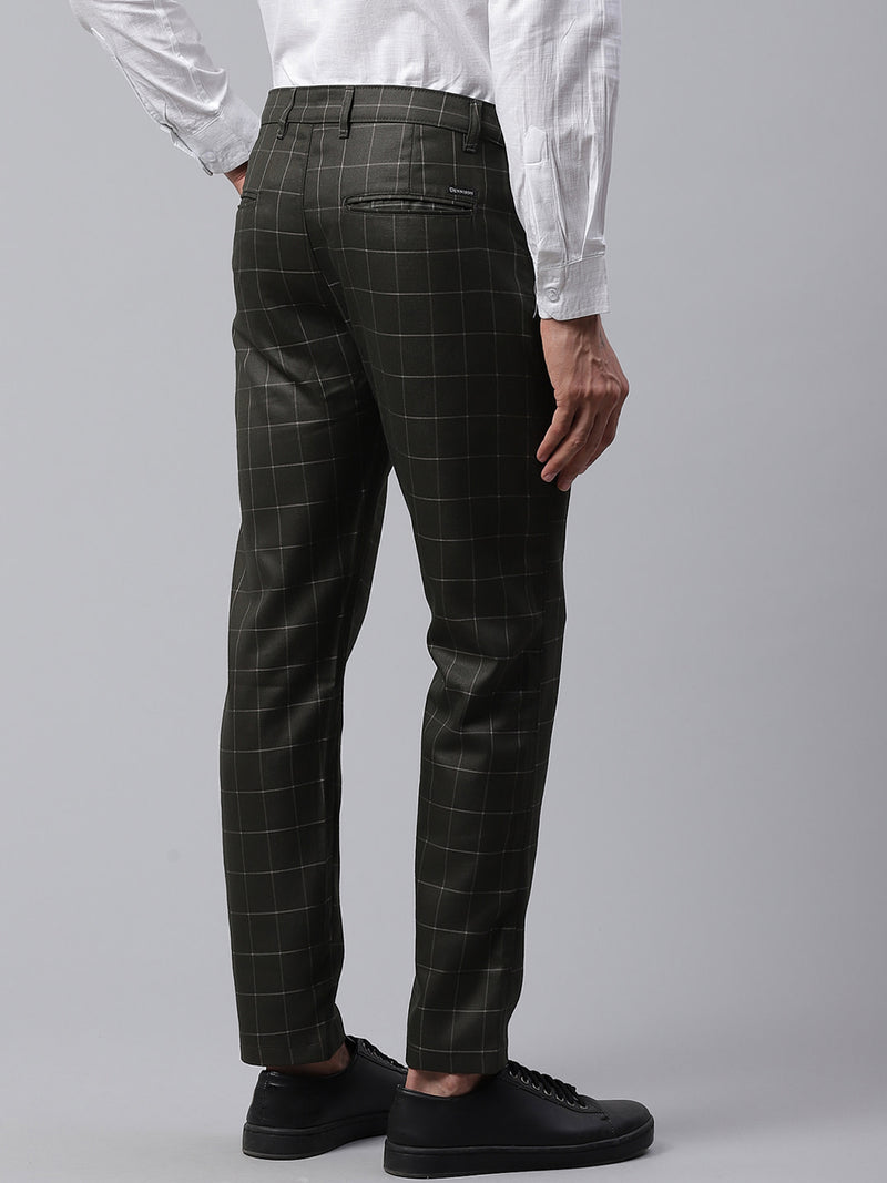 Men Olive Green  Beige Smart Skinny Fit Checked Chinos