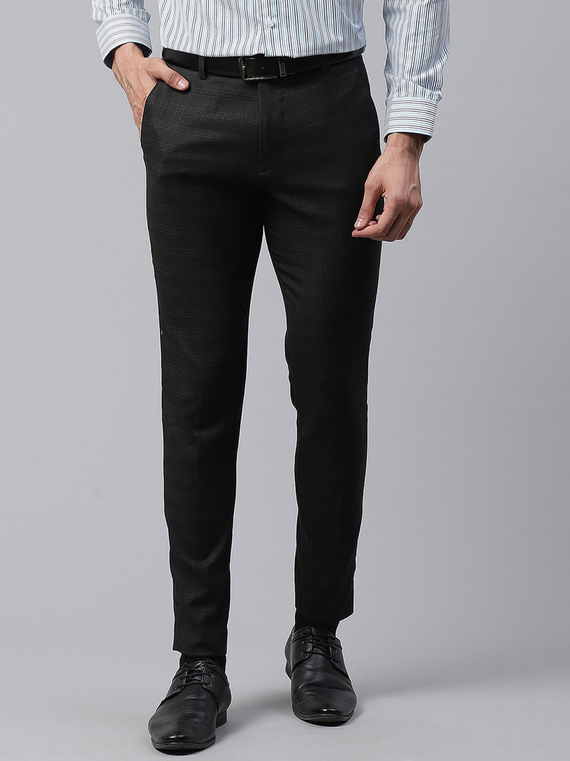Men Charcoal Black Smart Tapered Fit Checked Formal Trousers