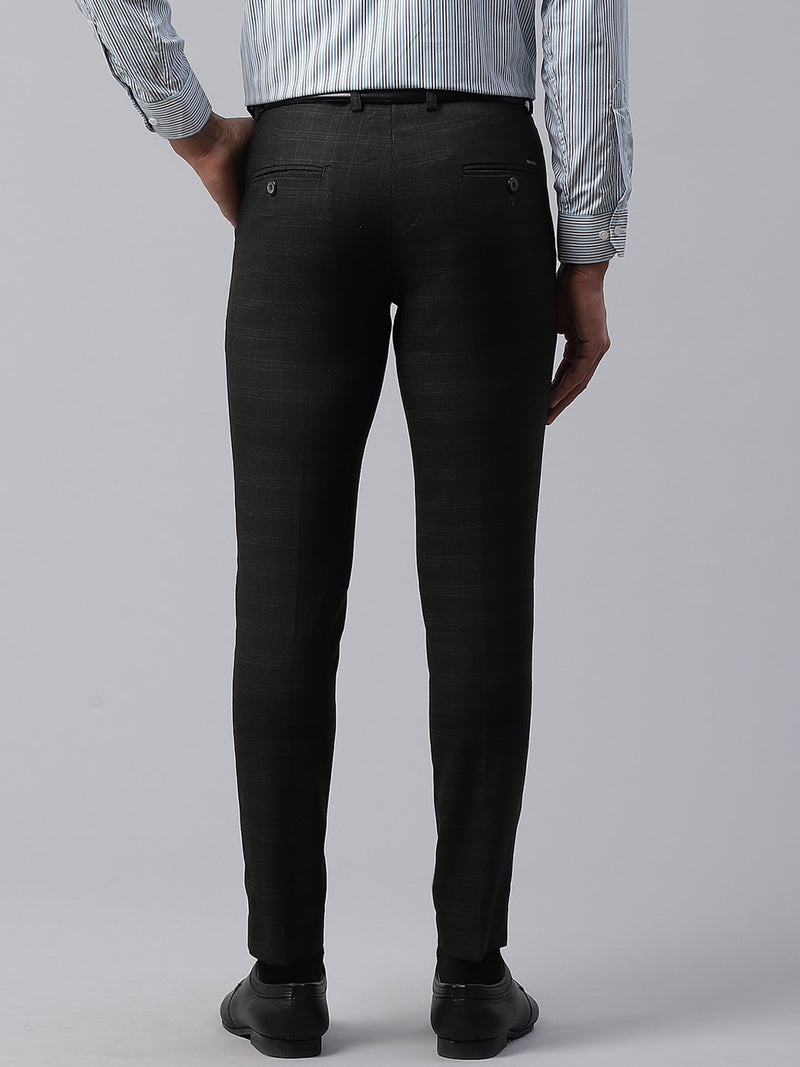 Men Charcoal Black Smart Tapered Fit Checked Formal Trousers
