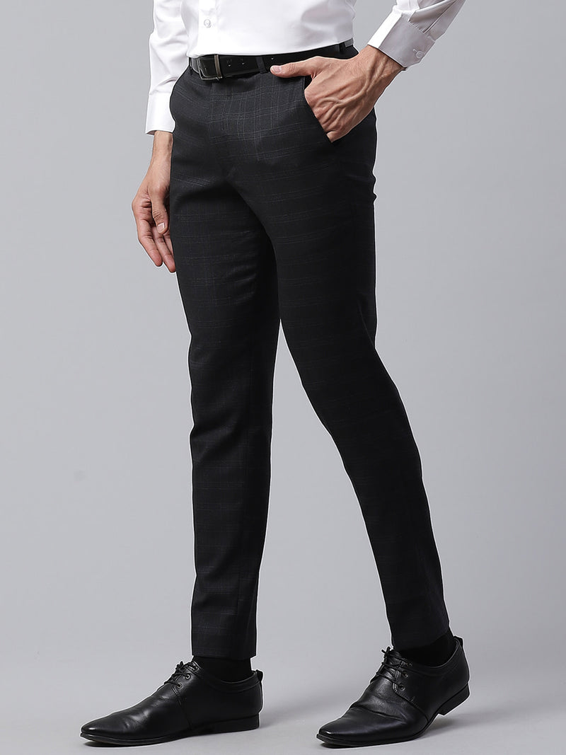 Men Black Smart Tapered Fit Checked Cropped Formal Trousers