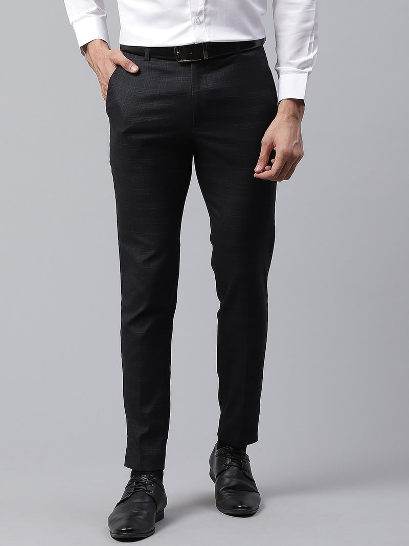 Men Black Smart Tapered Fit Checked Cropped Formal Trousers