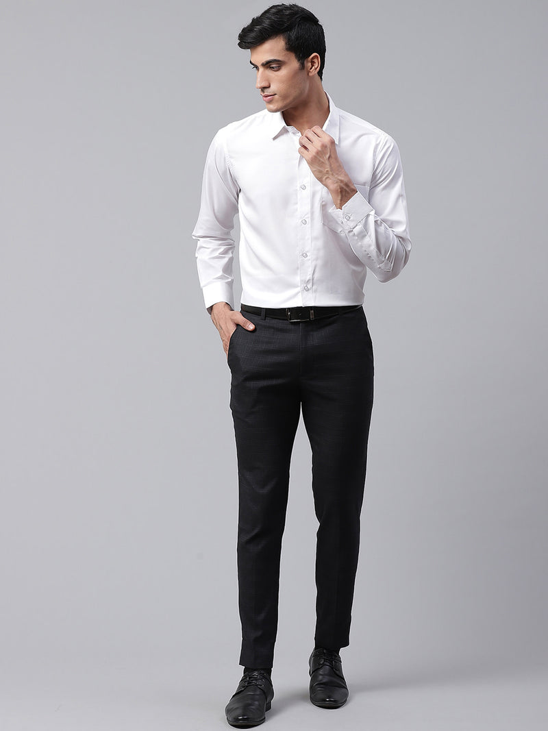 Men Black Smart Tapered Fit Checked Cropped Formal Trousers