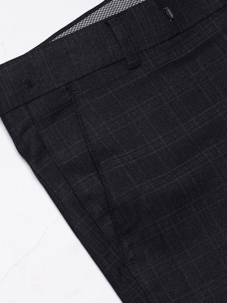 Men Black Smart Tapered Fit Checked Cropped Formal Trousers
