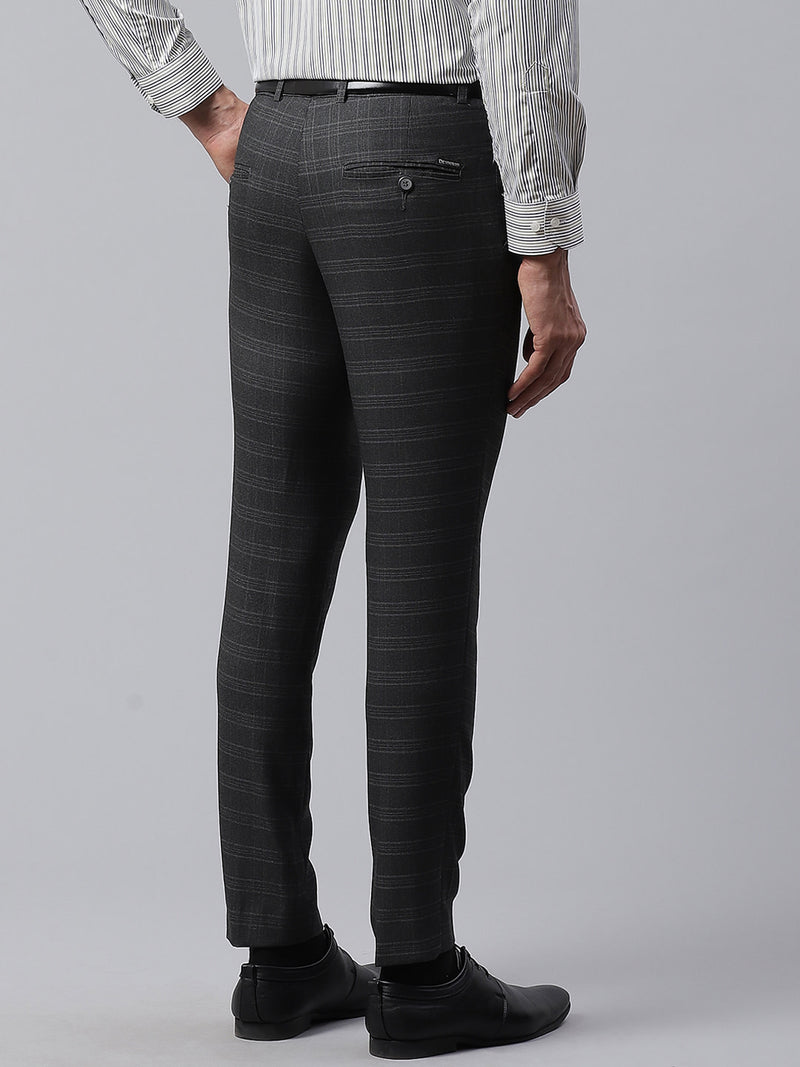 Men Charcoal Grey Smart Tapered Fit Checked Formal Trousers