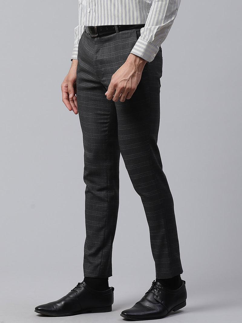 Men Charcoal Grey Smart Tapered Fit Checked Formal Trousers