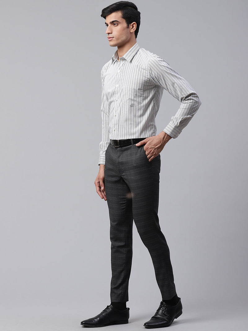Men Charcoal Grey Smart Tapered Fit Checked Formal Trousers