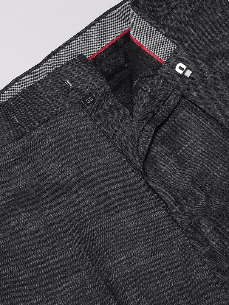 Men Charcoal Grey Smart Tapered Fit Checked Formal Trousers