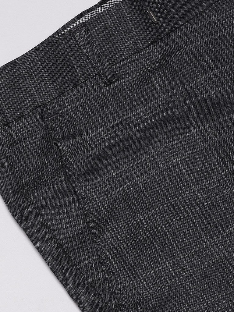 Men Charcoal Grey Smart Tapered Fit Checked Formal Trousers