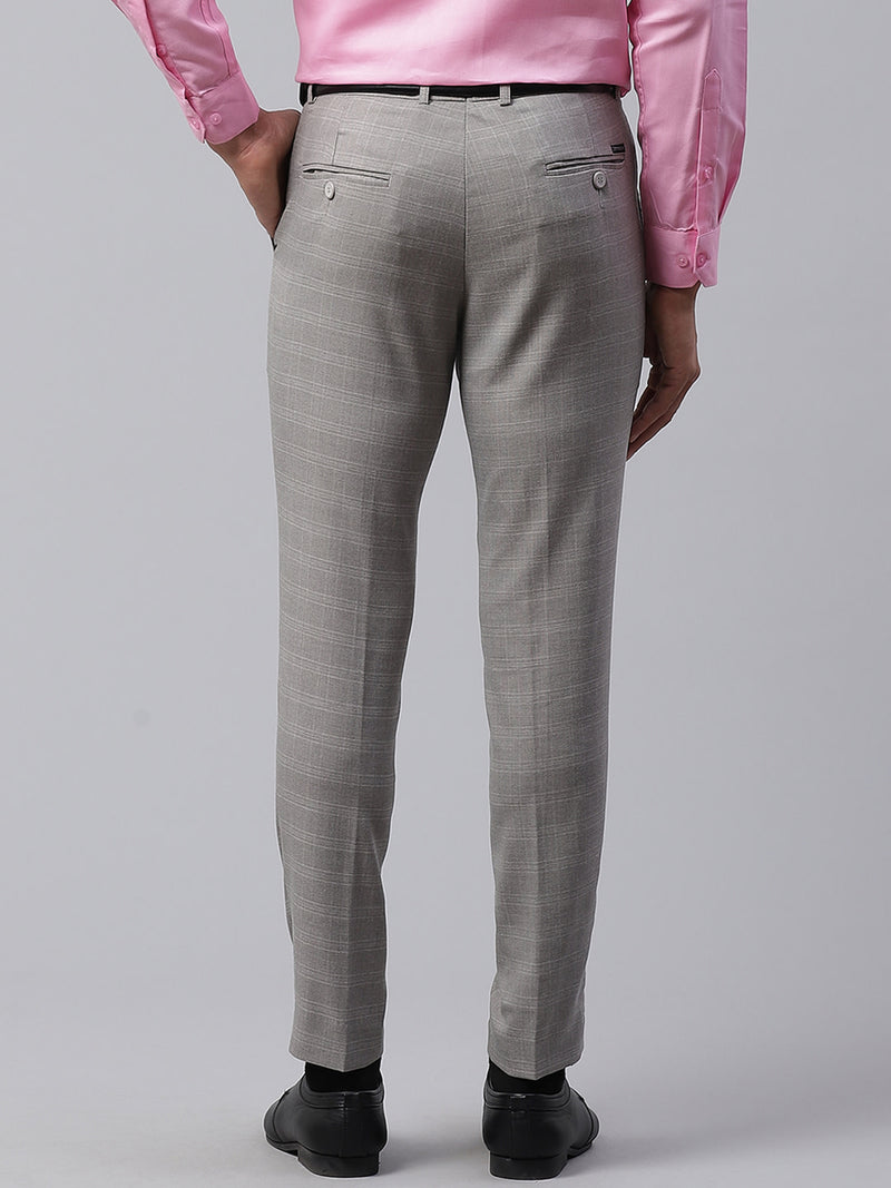 Men Grey Smart Tapered Fit Checked Formal Trousers