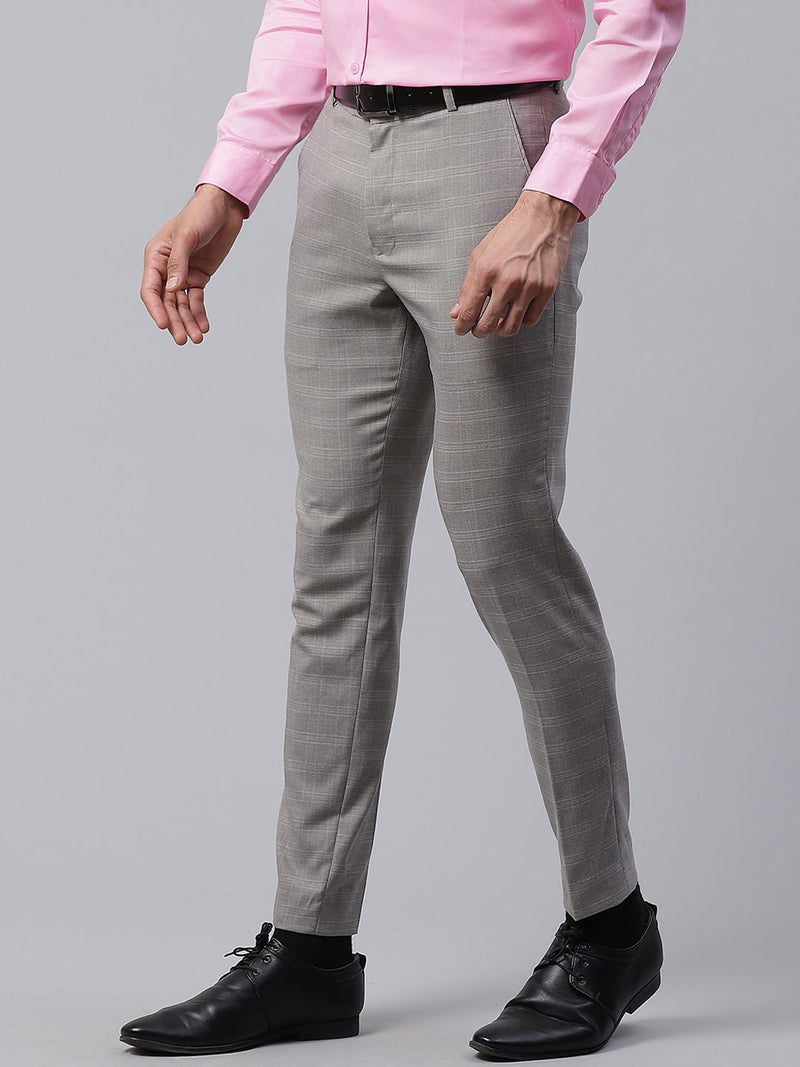 Men Grey Smart Tapered Fit Checked Formal Trousers