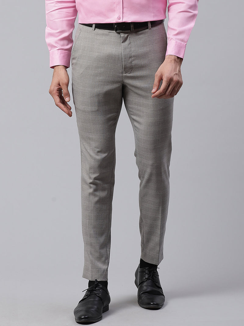 Men Grey Smart Tapered Fit Checked Formal Trousers