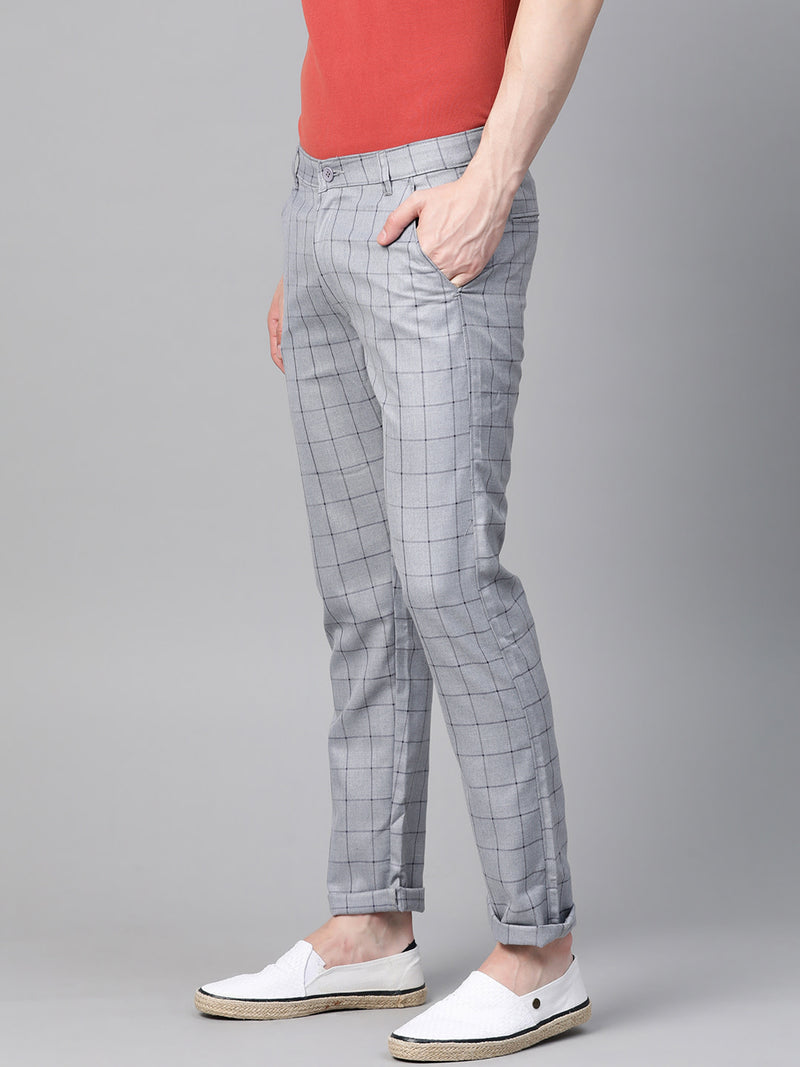 Men Grey  Black Smart Skinny Fit Checked Regular Trousers