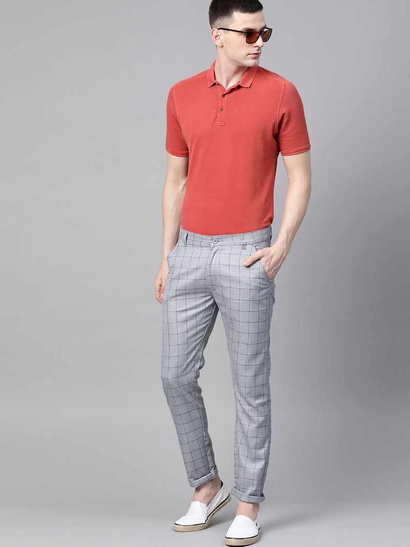 Men Grey  Black Smart Skinny Fit Checked Regular Trousers