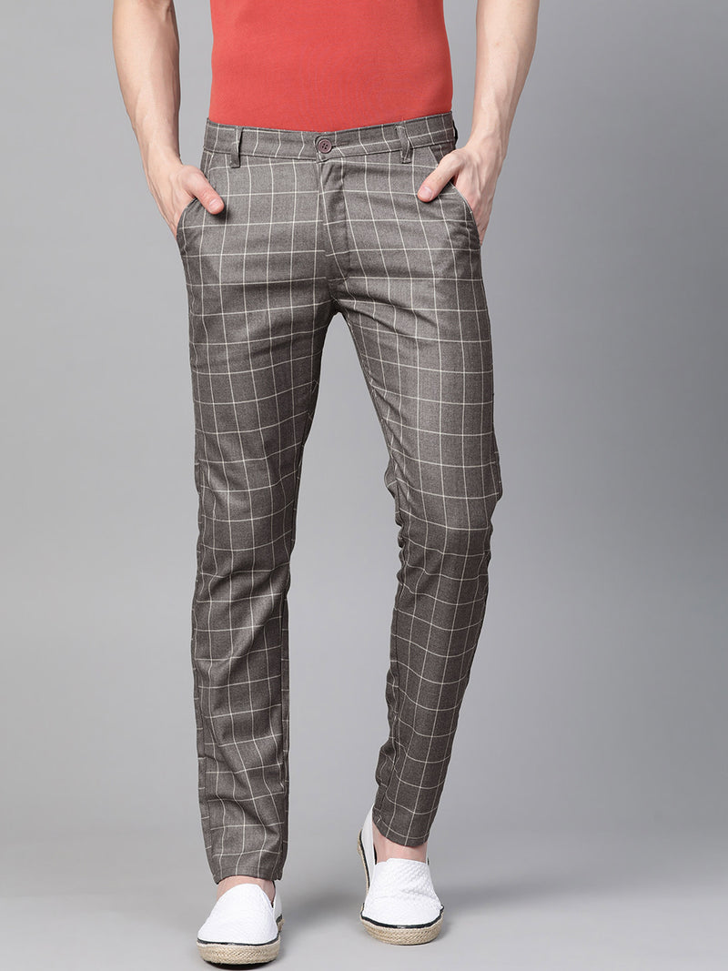 Men Charcoal  White Smart Skinny Fit Checked Regular Trousers