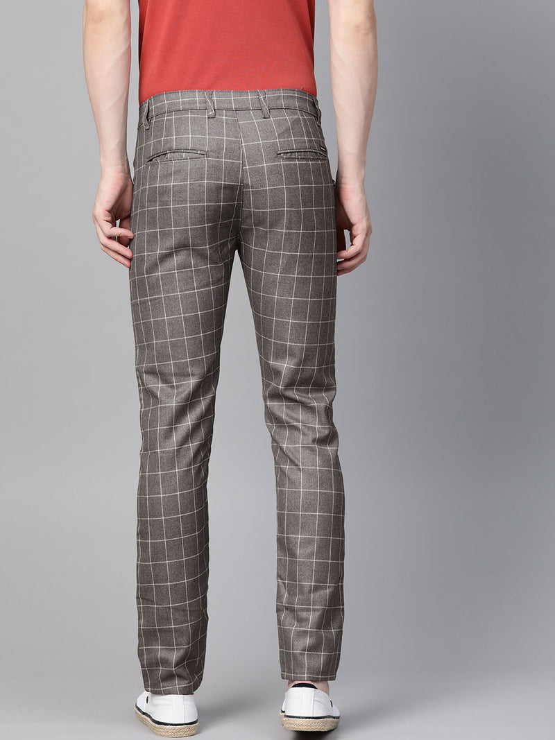 Men Charcoal  White Smart Skinny Fit Checked Regular Trousers