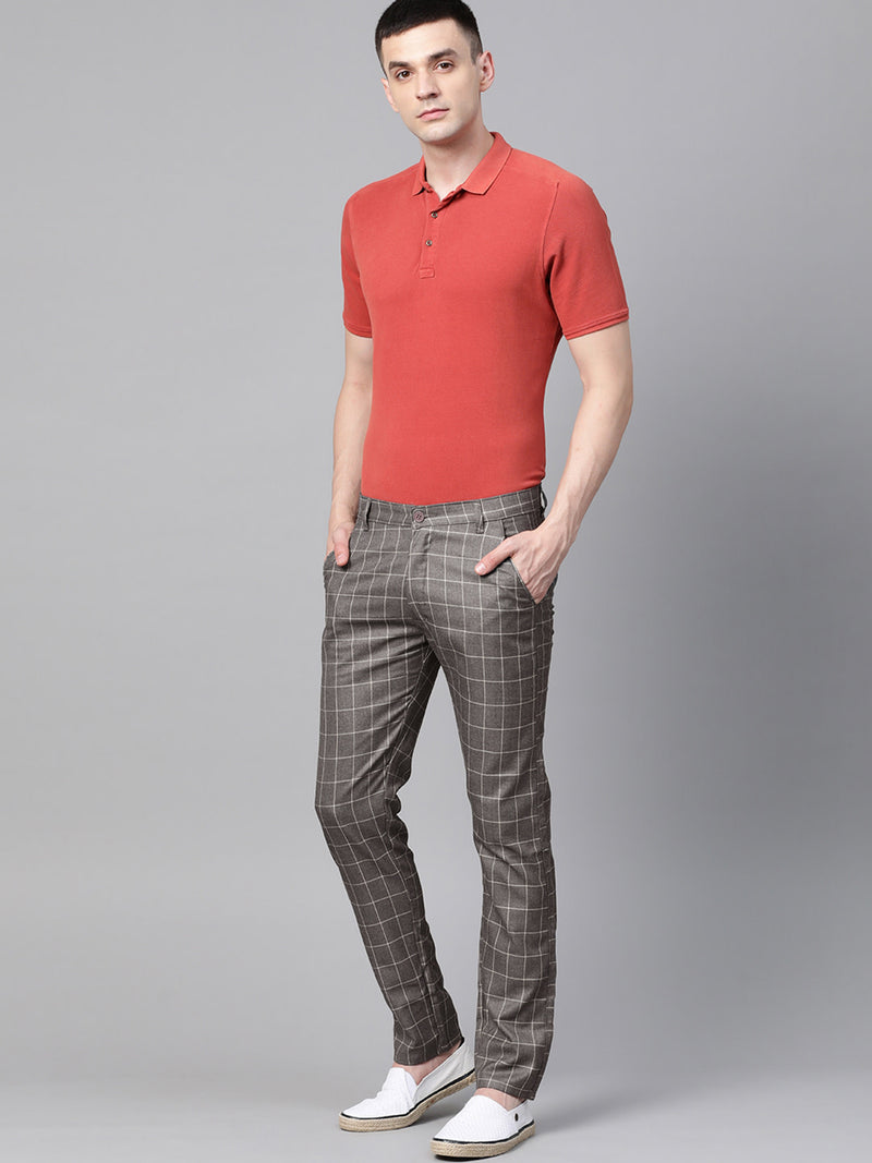 Men Charcoal  White Smart Skinny Fit Checked Regular Trousers
