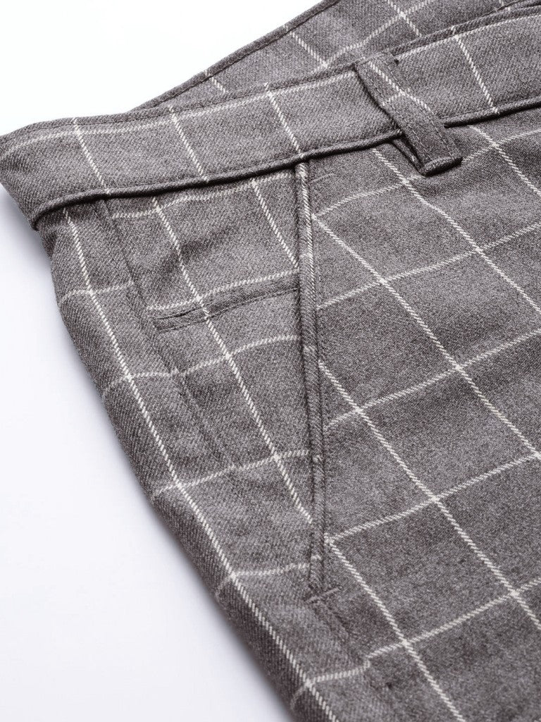 Men Charcoal  White Smart Skinny Fit Checked Regular Trousers