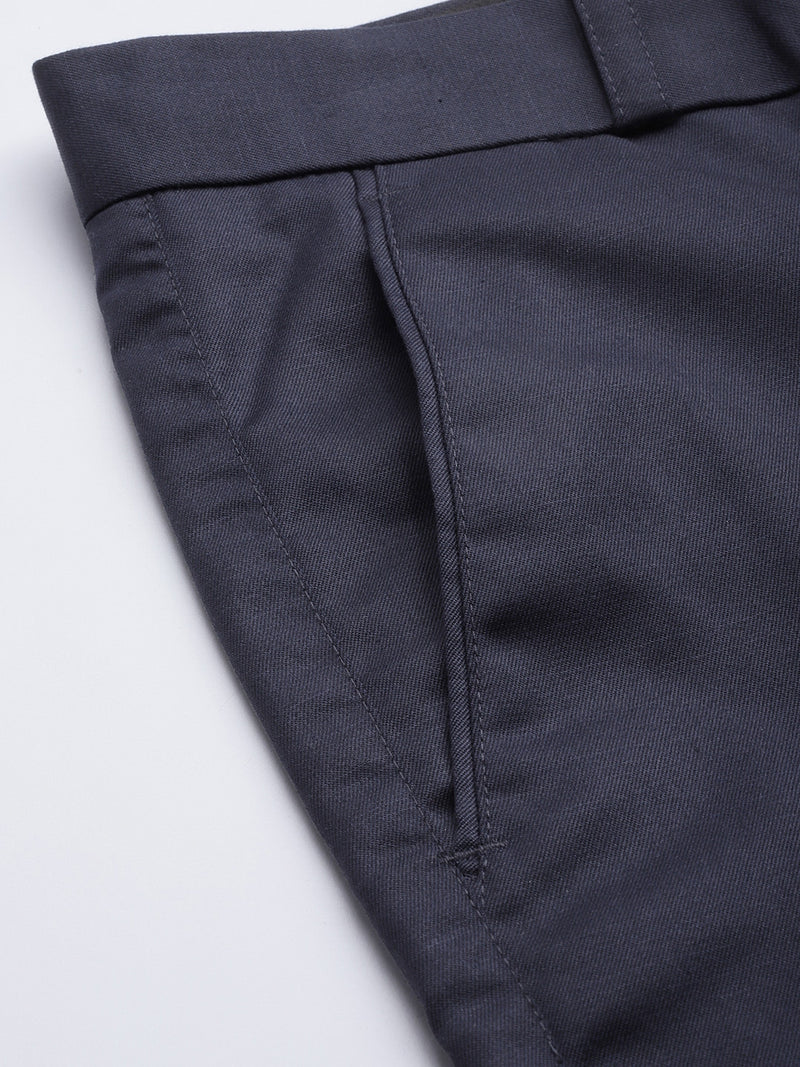 Men Navy Blue Smart Tapered Fit Solid Formal Trousers