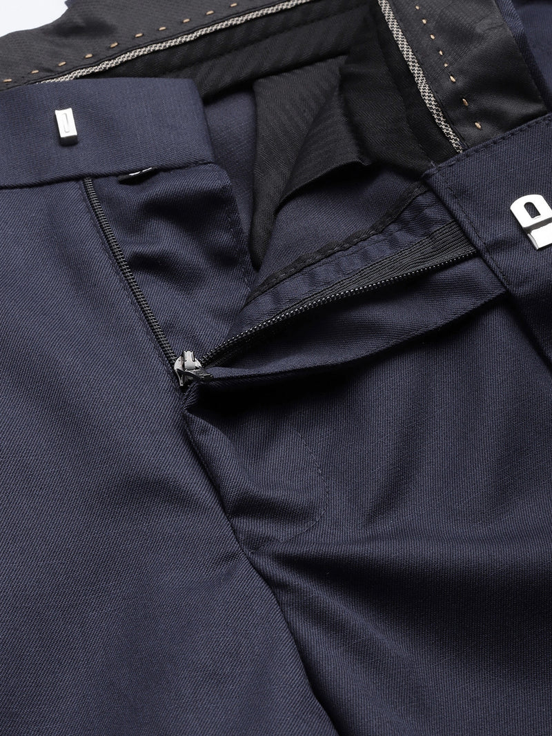 Men Navy Blue Smart Tapered Fit Solid Formal Trousers