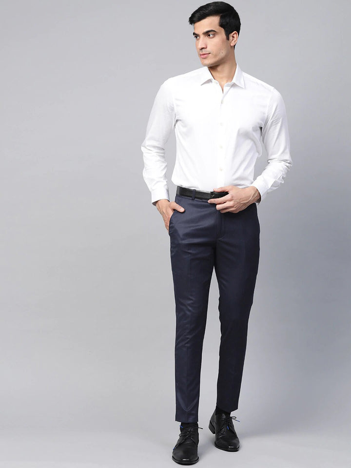 Men Navy Blue Smart Tapered Fit Solid Formal Trousers