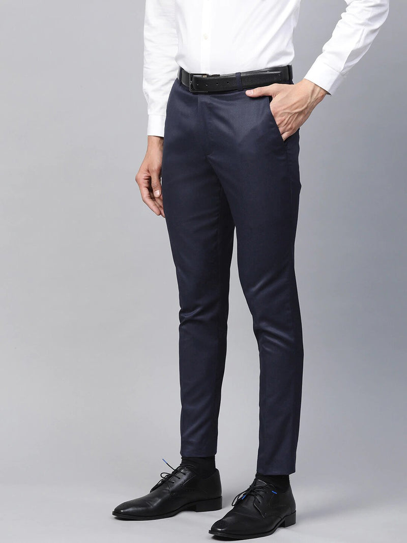 Men Navy Blue Smart Tapered Fit Solid Formal Trousers