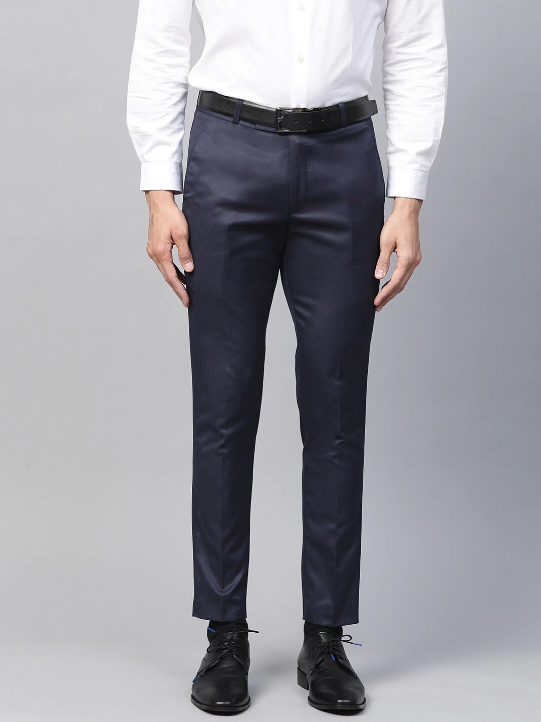 Men Navy Blue Smart Tapered Fit Solid Formal Trousers