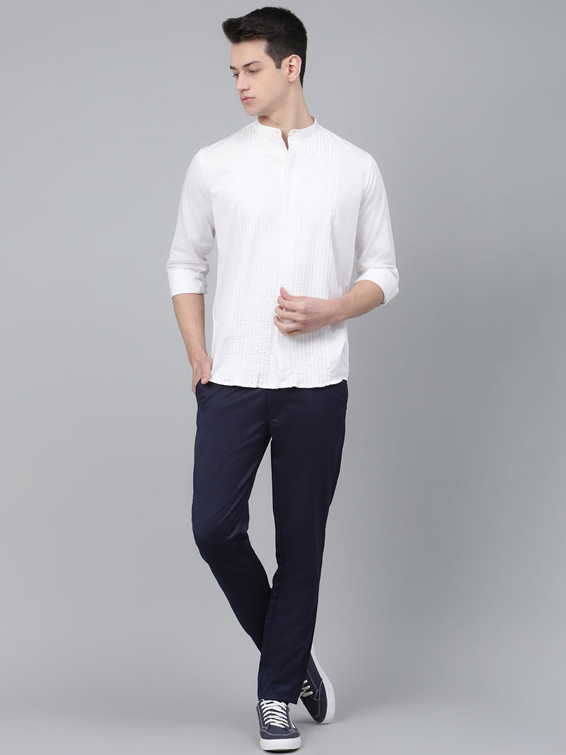 Men Navy Blue Smart Tapered Fit Solid Regular Trousers