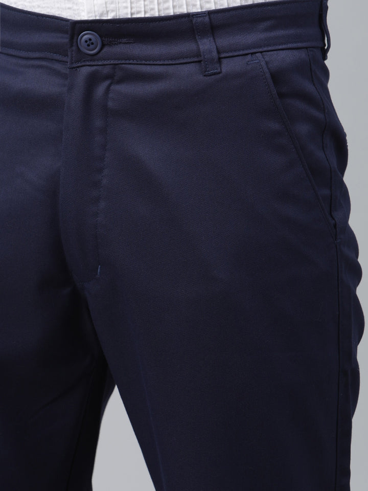 Men Navy Blue Smart Tapered Fit Solid Regular Trousers