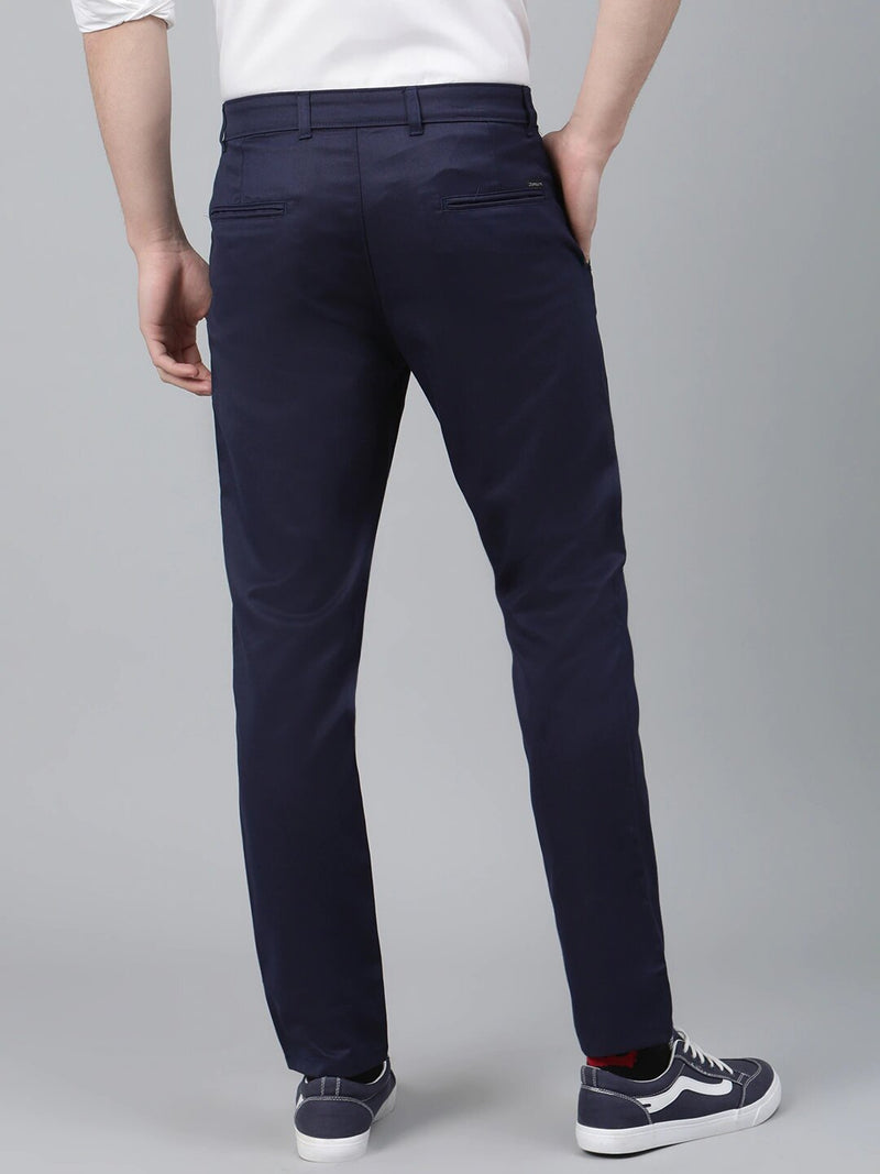 Men Navy Blue Smart Tapered Fit Solid Regular Trousers