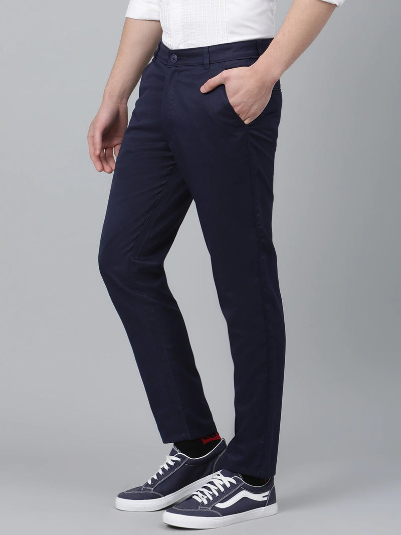 Men Navy Blue Smart Tapered Fit Solid Regular Trousers