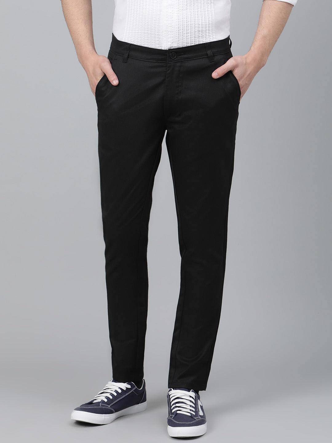 Men Black Smart Tapered Fit Solid Regular Trousers